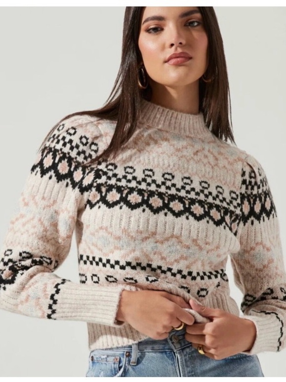 ASTR NWT THE LABEL MARIA MOCK NECK FAIR ISLE NEUTRAL SWEATER WOMENS SZ MEDIUM